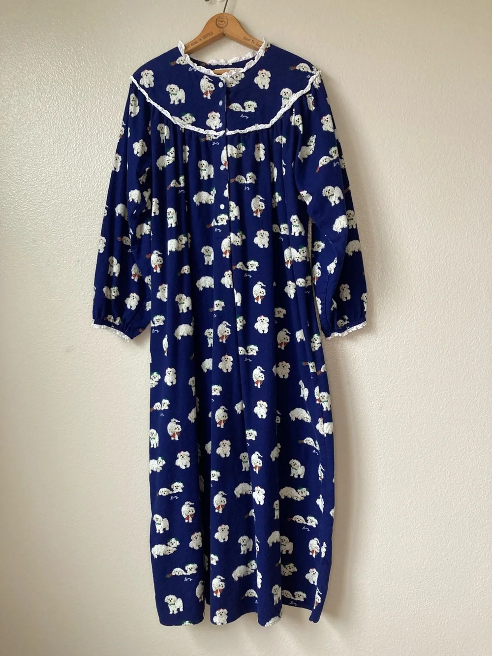 Lanz of Salzburg Puppy Love dog print flannel ruffle nightgown sleep dress sz L
